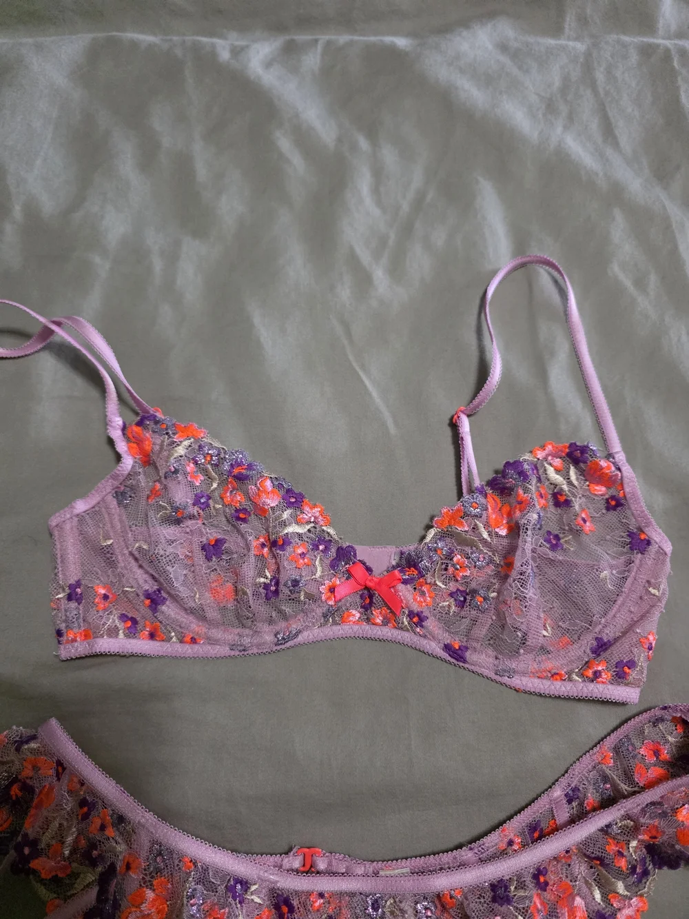 For Love & Lemons Lavender Floral Embroidered Lingerie Set with Neon Accents